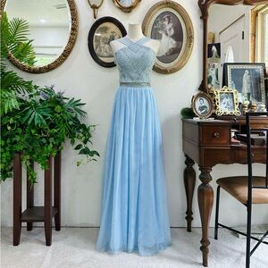 Beaded Sky Blue Prom Dress with Illusion Neckline